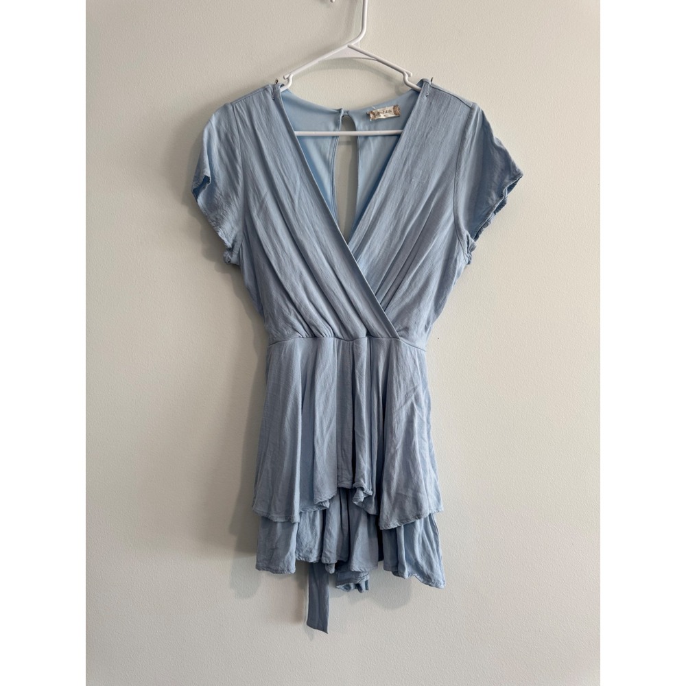 Altar'd State Surplice Tiered Romper Womens M Light‎ Blue Ruffle Coquette summer